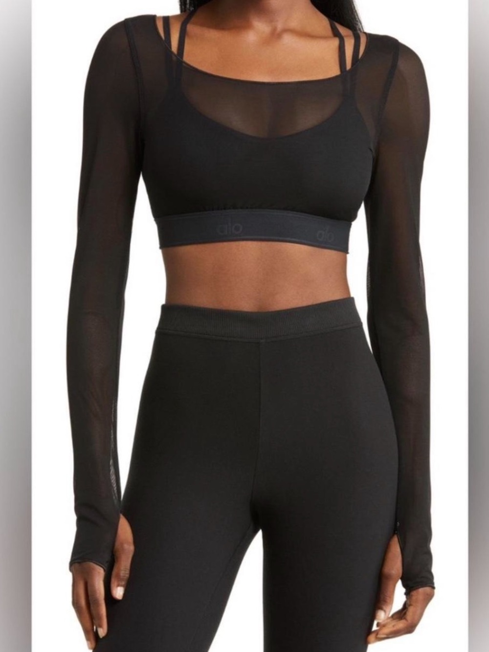 ALO Yoga Black Mesh Long-Sleeve Strappy Bralette